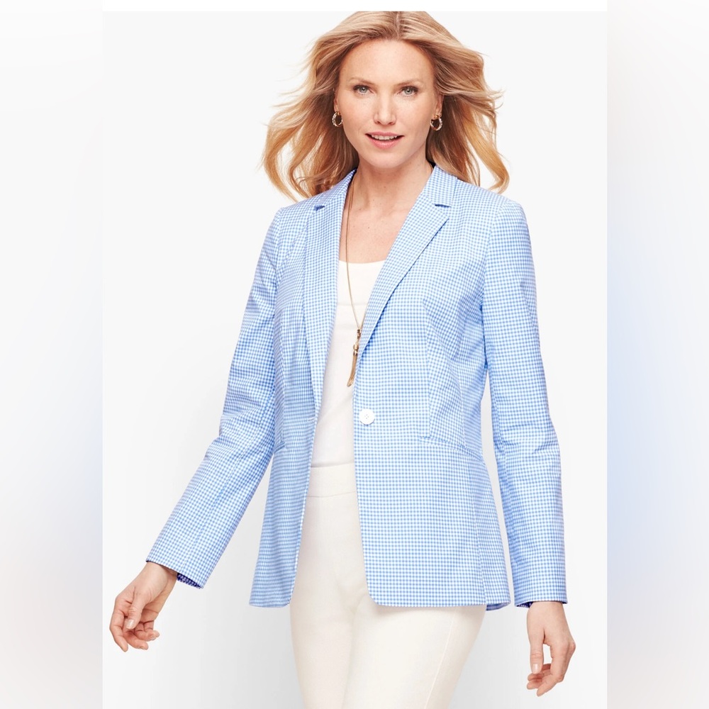 New TALBOTS Baby Blue Gingham Single-Button Blazer- Size 12‎ Petite